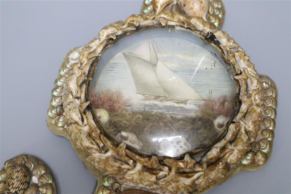 A pair of 19th century sailors Valentine shellwork anchor diorama, overall length 27cm